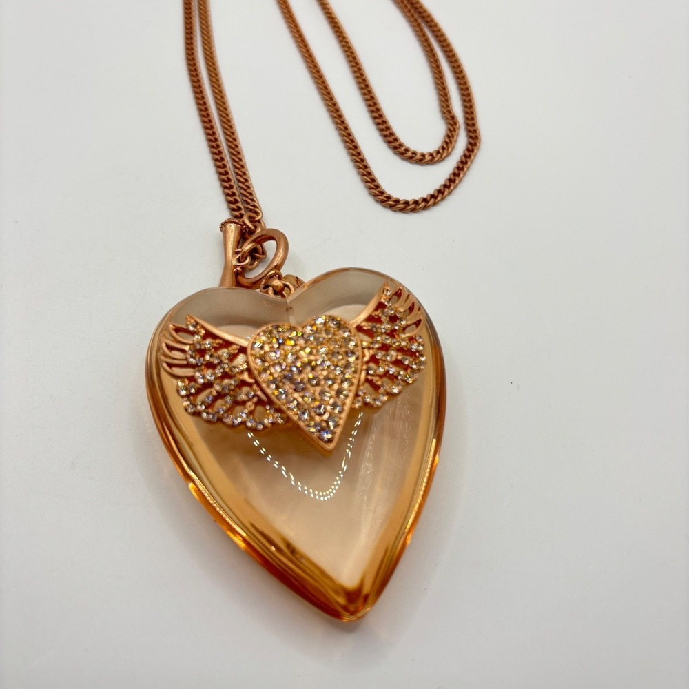 Betsey Johnson Lucite Rose Gold Tone Large Heart Wing Necklace 36" Chain